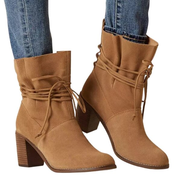 TOMS Mila Leather Suede Boot Heeled Booties Women's 7.5 Tan Camel Ankle Lace Up - Picture 1 of 13